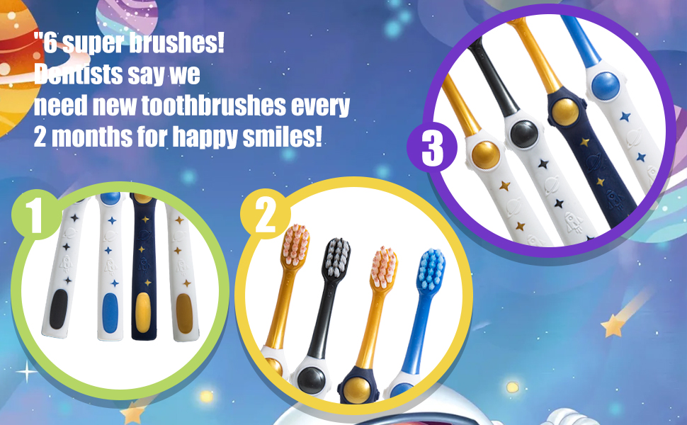 The space-themed toothbrush set comes in a pack of six.