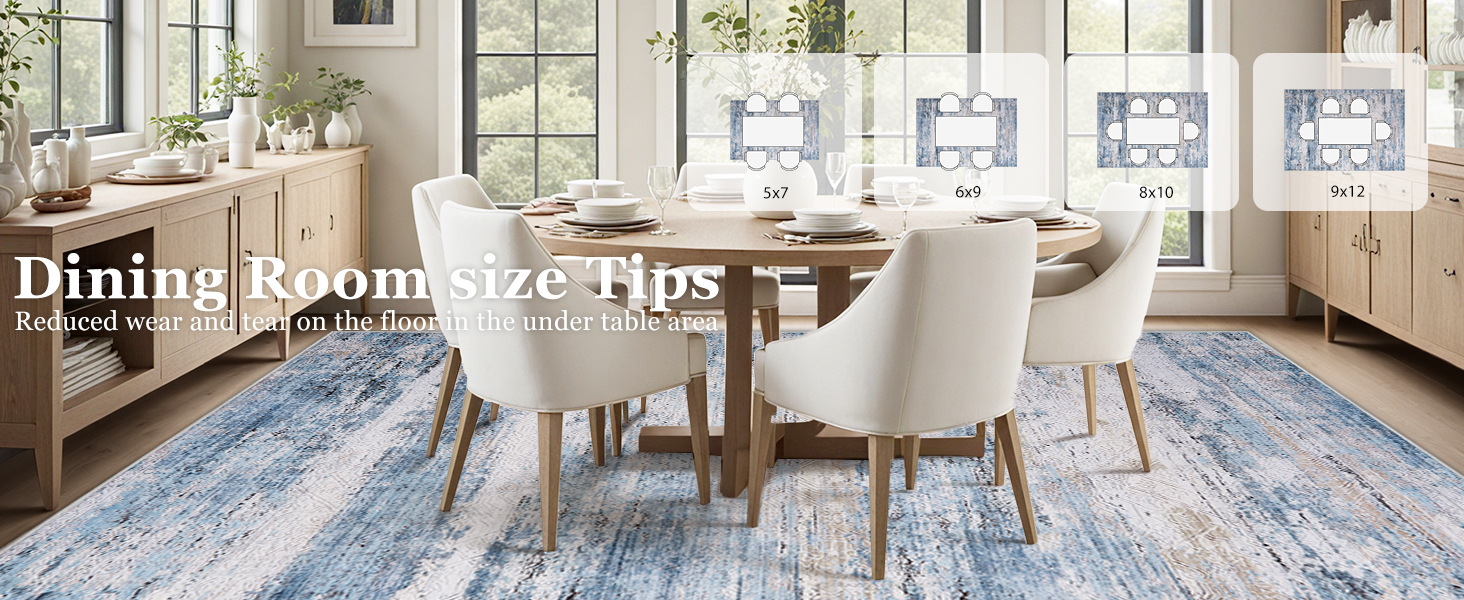 Water- and stain-resistant rugs are ideal for the dining room