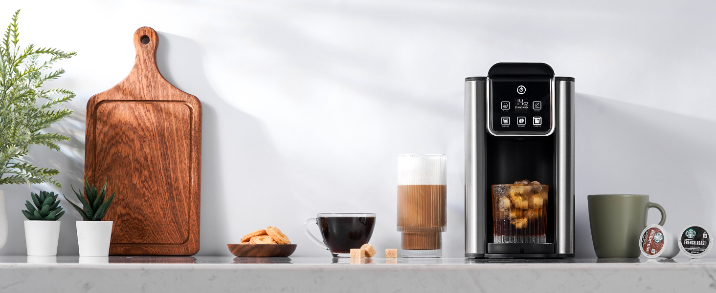 Compact 3-in-1 iced coffee maker with with adjustable cup sizes and favor
