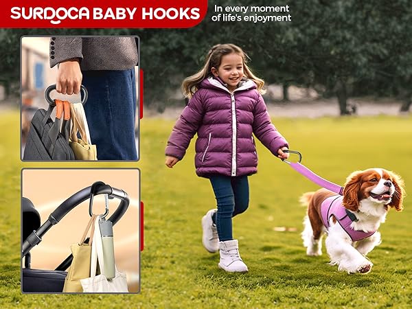 Surdoca Baby Hooks shown in use: attaching bags to a stroller handle and a child walking a dog. Product close-ups display the hooks' design for versatile carrying solutions.