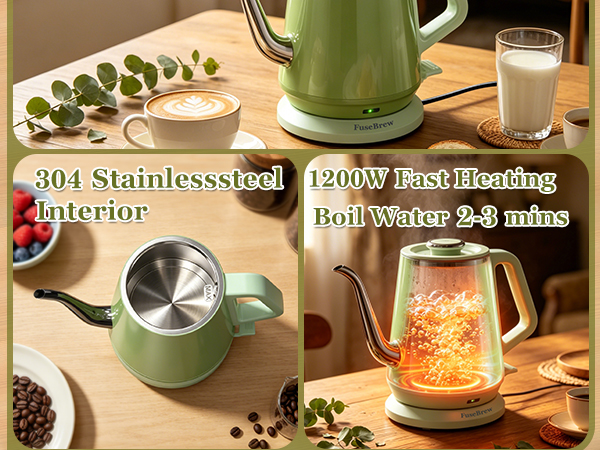 Close-up of the precision gooseneck spout and ergonomic cool-touch handle for safe pouring