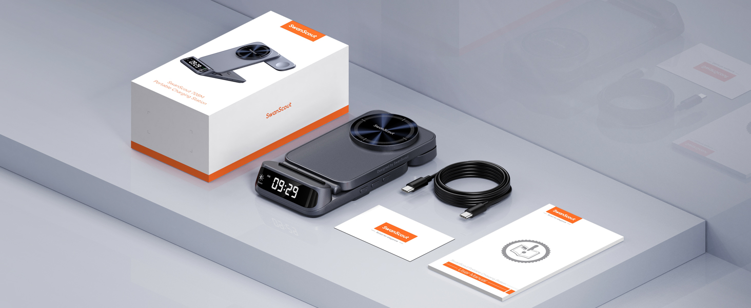 Product display with gray circular device, charging cable, and box. Minimalist layout on white stepped surface.