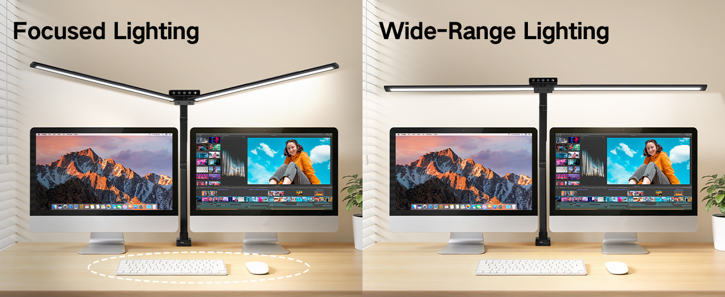 Text reads 'Focused Lighting' and 'Wide-Range Lighting'. Comparison of monitor display settings showing landscape images under different lighting conditions.