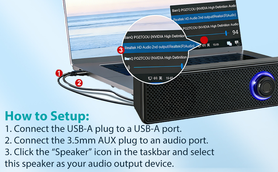 Computer Speakers, USB-A Powered PC Speakers Wired Stereo Desktop Speakers with 3.5mm AUX Audio Plug
