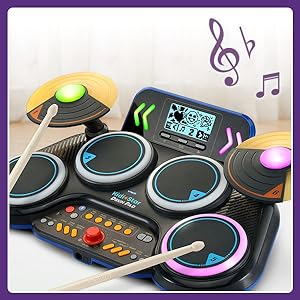 Drum Pad lights up as kid follows along, drumming to the beat.