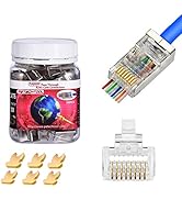 PETECHTOOL RJ45 Shielded Cat5 CAT6 Connector 8P8C End Pass Through Plugs Gold Plated (50 Packs)
