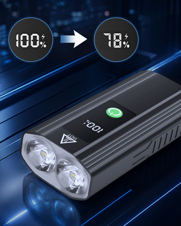 Battery indicator display showing "100%" to "78%" conversion with arrow; compact black LED flashlight with white illuminated beam visible below.