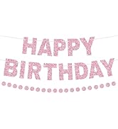 Alynta Pink Happy Birthday Banner Pre-Strung Birthday Party Decorations NO DIY Glitter Happy Birt...