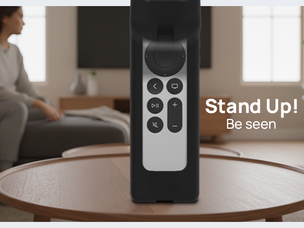 Siri Remote with GripStand case standing upright on table, easy to find in living room