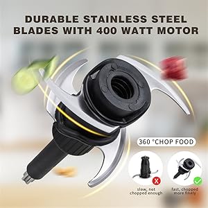 durable stainless steel blades with 400 watt motor