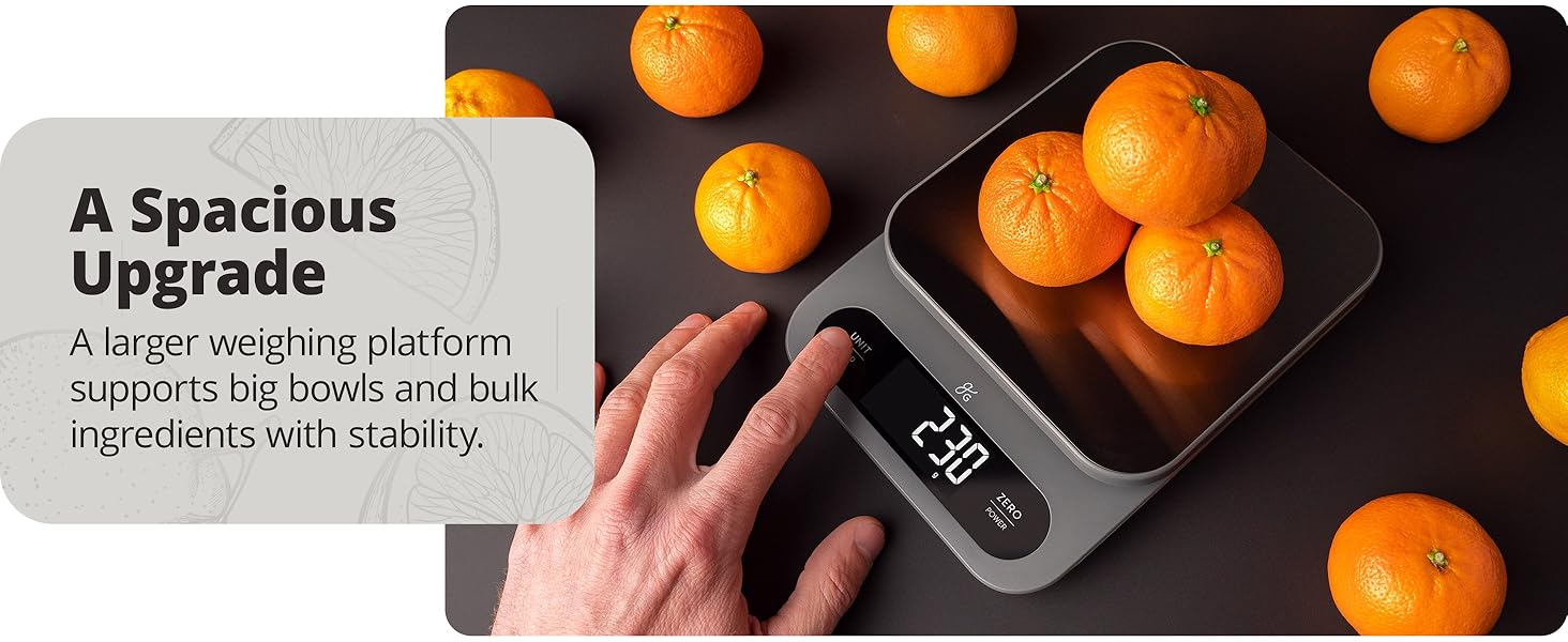 greater goods high capacity scale top view with oranges