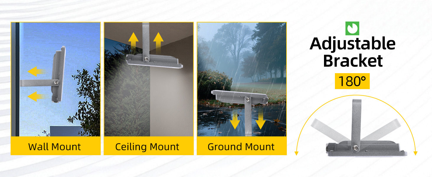 180° adjustable bracket supports wall, ceiling, and ground mounting for flexible lighting.