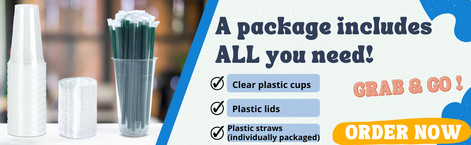 Clear plastic cups with lids and straws