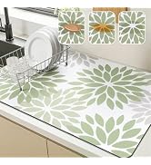 Findosom Floral Dish Drying Mat, 12" x 20" Super Absorbent &amp; Hide Stain Coffee Mat, Cuttable Dryi...