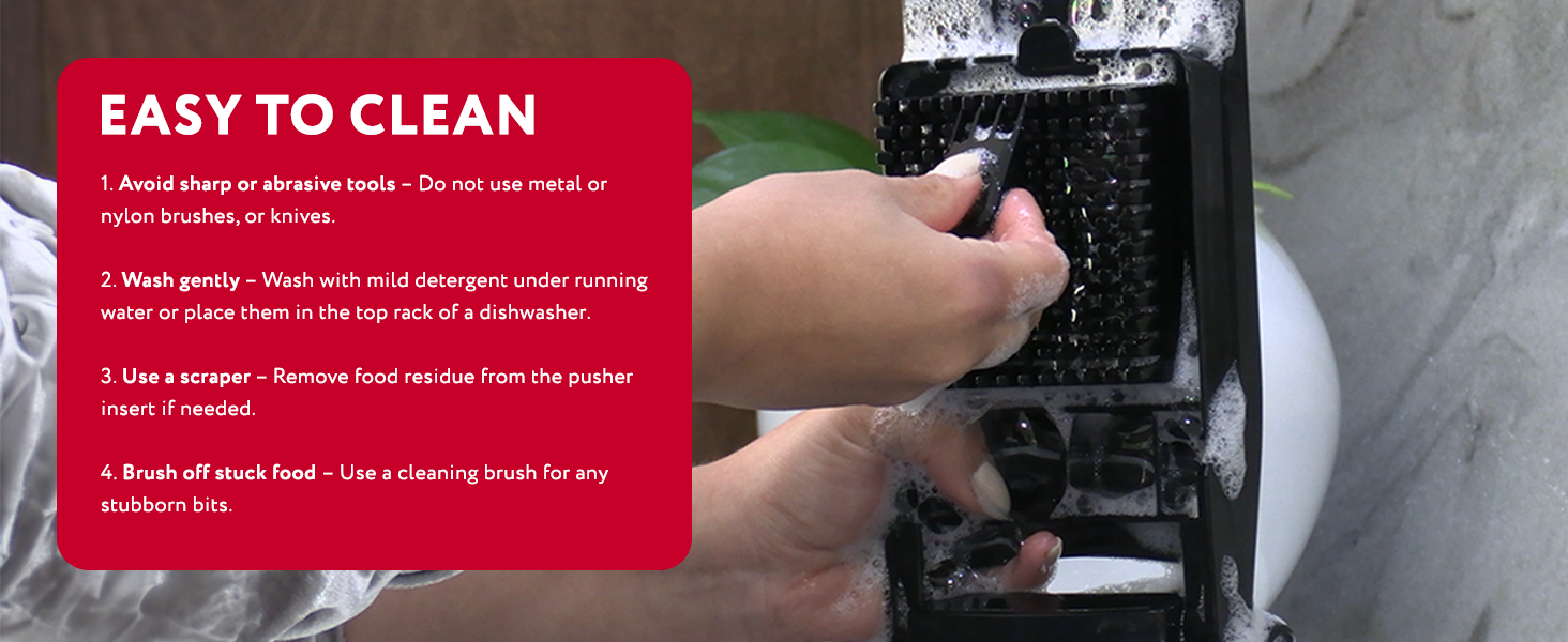 cleaning instructions for the vegetable cutter use mild detergent of place in top rack dishwasher