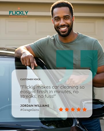 Smiling Black man cleaning a car with Flickly scrubber, sharing a positive testimonial.