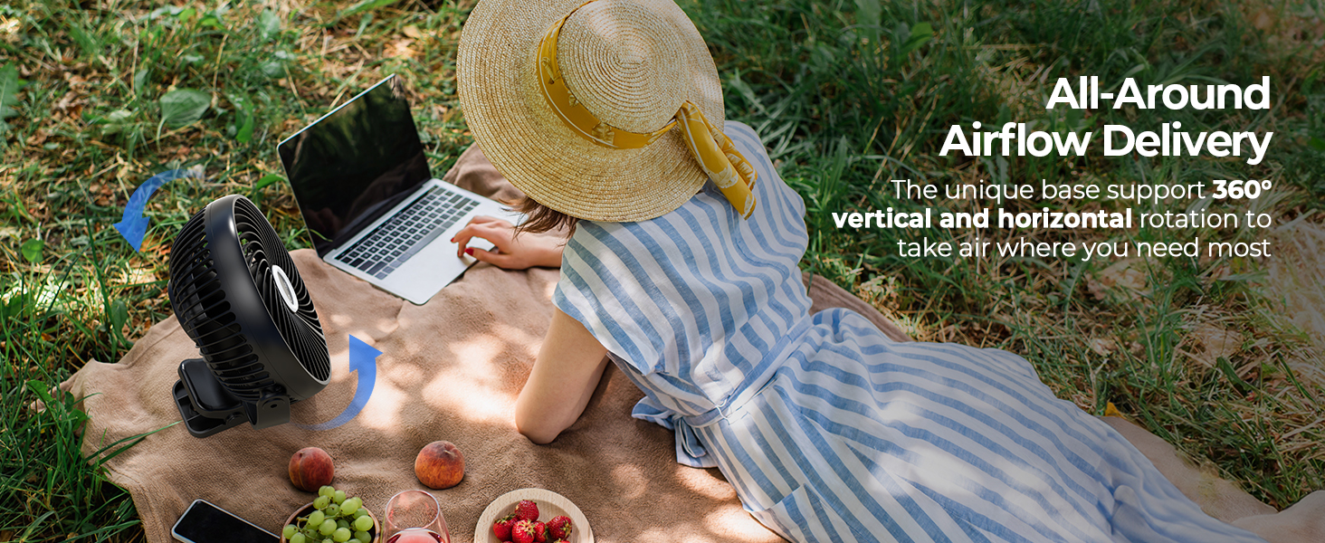 Outdoor scene with laptop, fan, and picnic items on a blanket. Text overlay mentions 'All-Around Airflow Delivery' for the fan.