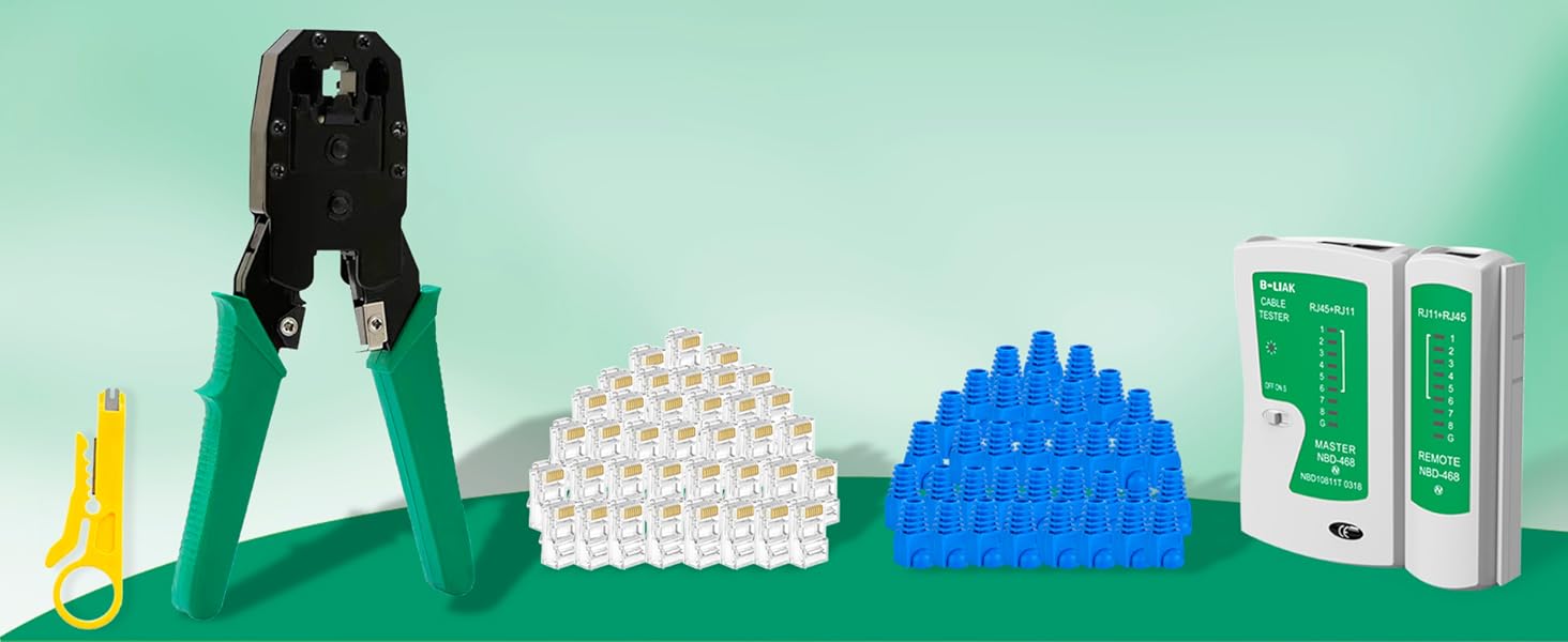 RJ45 Cable including Crimper Cat6 Cover and Connector, Cable Stripper, and Cable detecter