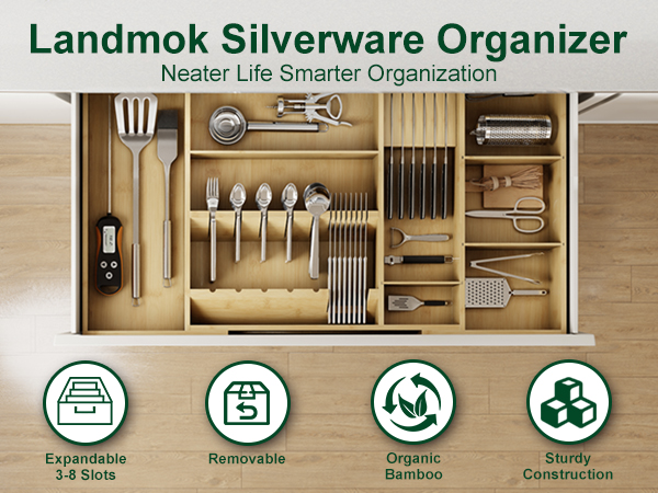 Landmok Large Bamboo Silverware Drawer Organizer
