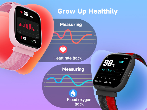 Smartwatch with heart rate and blood oxygen tracking features. Shows pink and black watch faces displaying health metrics on a gradient background.