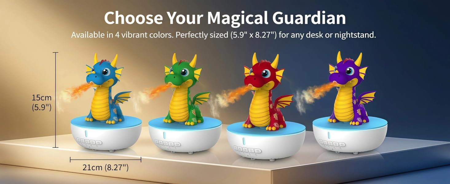 Text reads: 'Choose Your Magical Guardian', 'Aventure - Connexion Parfaite pour 3,7 fréquences originales' (Adventure - Perfect Connection for 3.7 original frequencies), '24in (5.2)'. Four dragon figurines in blue, green, orange, and purple on white bases displayed in product lineup.