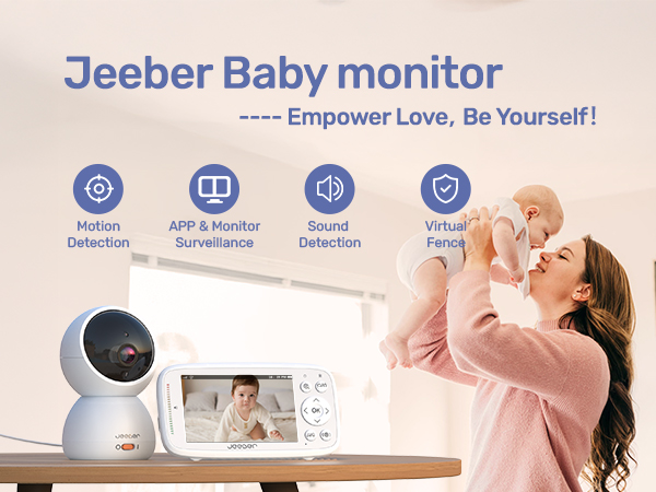 Text reads 'Seebel Baby Monitor' and 'Empower Love, Be Yourself!'. Product demonstration of baby monitor features with multiple usage scenarios and interface displays.