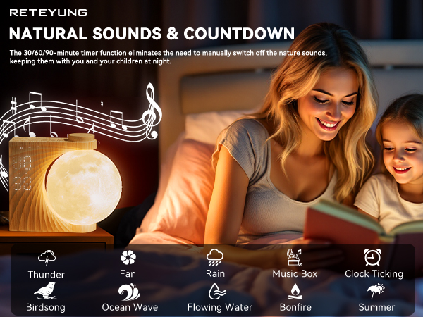 Text reads 'NATURAL SOUNDS & COUNTDOWN'. Interface showing 5 icons for sound options with music notes graphic. Night light or lamp glowing warmly in dimmed setting.
