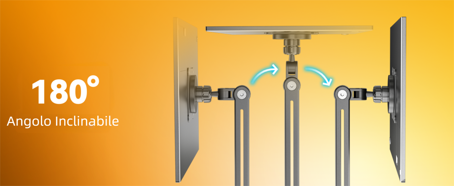 Text reads '180°'. Sequence showing adjustable mounting system or bracket with 180-degree rotation capability demonstrated in yellow-tinted images.