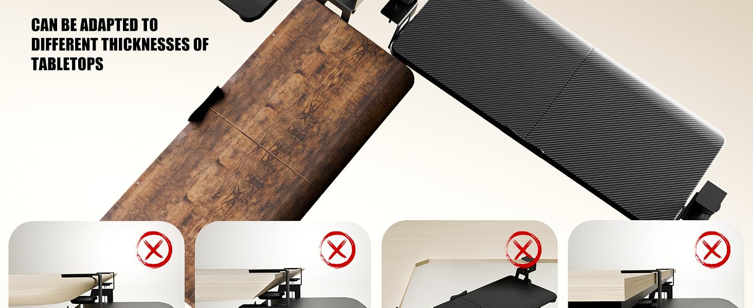 Text reads 'CAN BE ADAPTED TO MULTIPLE THICKNESSES OF TABLETOPS'. Product demonstration showing mounting capability on different surfaces.