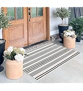 BUAGETUP Black and White Layered Doormat,27.5x43.3inch Striped Outdoor Rug Hand Woven Cotton Indo...