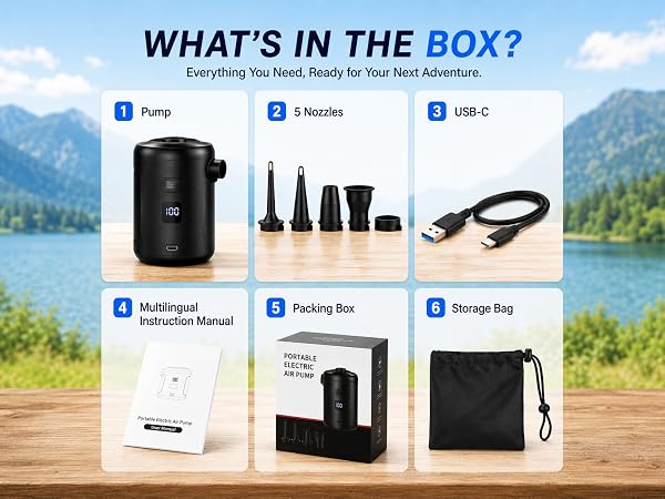 Portable air pump package including pump five nozzles USB-C cable storage bag instruction manual