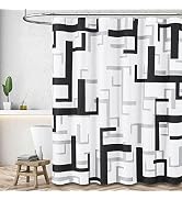 BTTN Black and White Shower Curtain, Geometric Waffle Weave Fabric Shower Curtain Set with 12 Met...