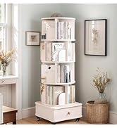 Ywin 4 Tier Solid Wood Rotating Bookshelf with Wheels, 360°Spinning Book Shelf Tower with Storage...
