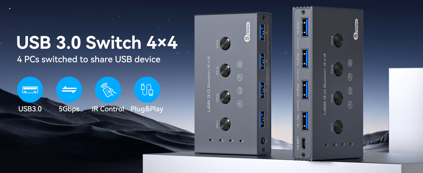 USB 3.0 Switch 4x4 device with multiple ports. Blue icons indicate compatibility with various devices including mouse, keyboard, and printer.