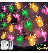 50 LED 25ft Summer Hawaiian Beach String Lights Outdoor with Remote, Flamingo Pineapple Palm Tree...