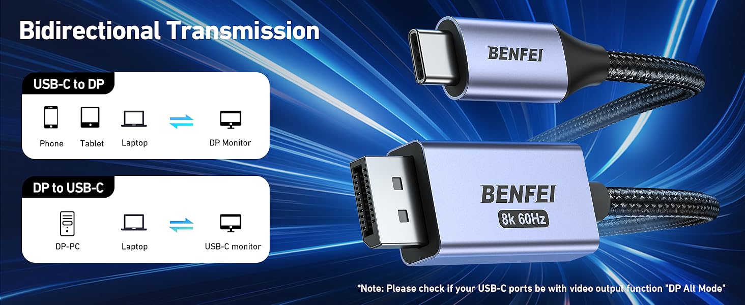 BENFEI Bidirectional USB C to DisplayPort 1.4 Cable 6FT, Support 8K@60Hz 4K@240Hz