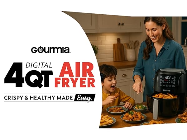 Gourmia 4 Quart Digital Air Fryer with stainless steel accents and touch control panel