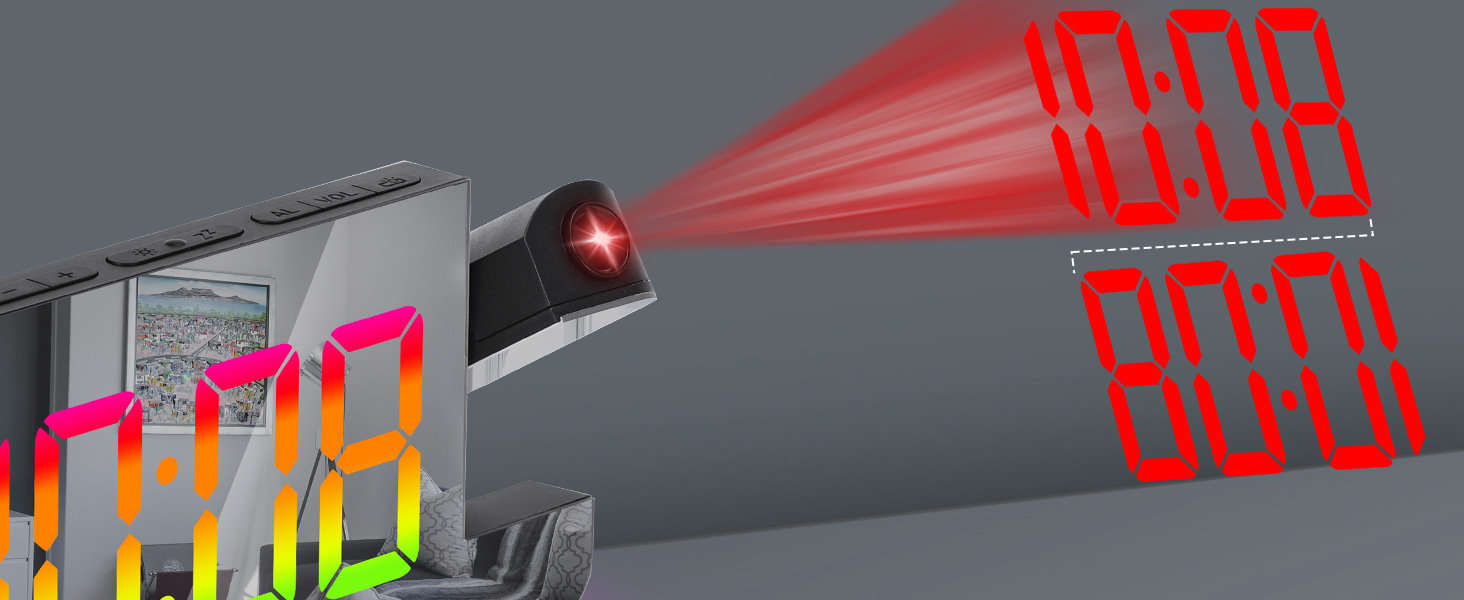 Projection Alarm Clock,7.4 in LED Mirror Digital Clocks Projection on Ceiling Wall,RGB Night Light