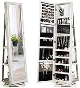 CHARMAID 360° Swivel Jewelry Armoire with Higher Full Length Inside Makeup Mirror, Standing Locka...