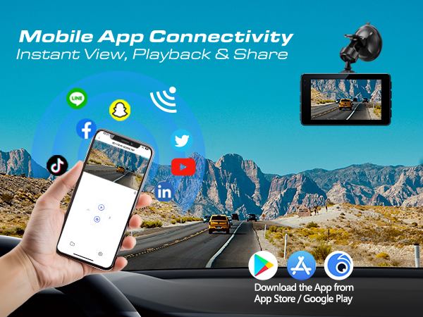 dash cam with mobile app connectivity, instant view playbak &amp;amp; share