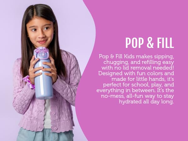 ello pop &amp;amp; fill kids water bottle 18oz stainless steel