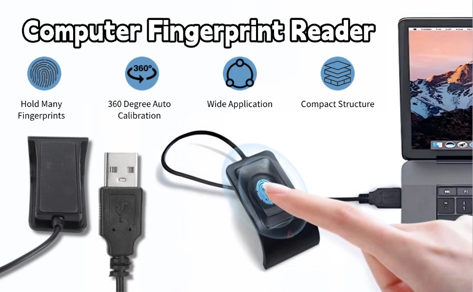 Text reads 'Computer Fingerprint Reader'. Product showcase displaying compact fingerprint scanner with USB connection from multiple angles.