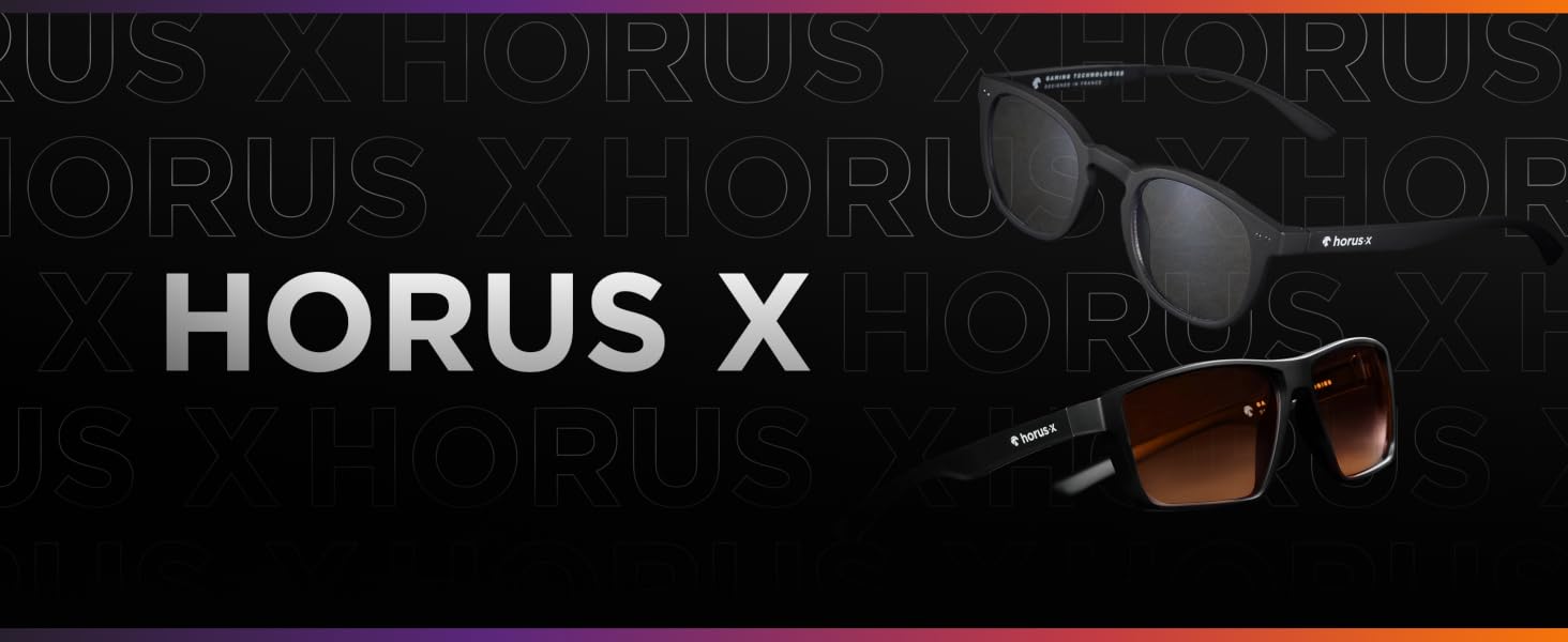 Text reads 'HORUS X'. Dark promotional image showing two pairs of sunglasses against a black background with subtle lighting effects.