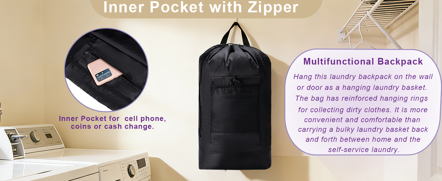 Laundry Bag with Adjustable Shoulder Straps and Mesh Pocket, Durable Nylon Travel Laundry Bags