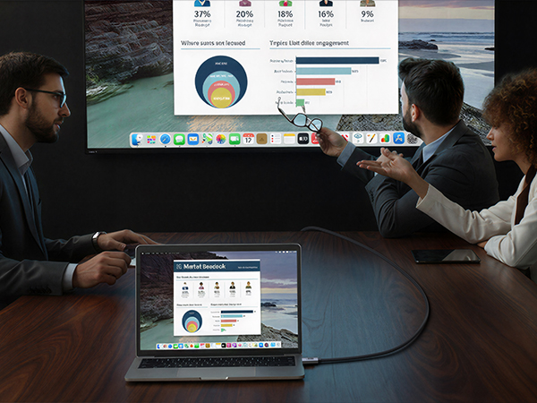 People in dark room working at computers with interface showing circular icon and status bars on screen. Meeting or collaboration setting.