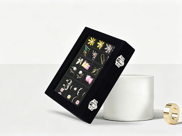 Vicoter Velvet Jewelry Organizer Tray 7 Ring Slots &amp; 16 Grid Compartments Glass Lid Display Case