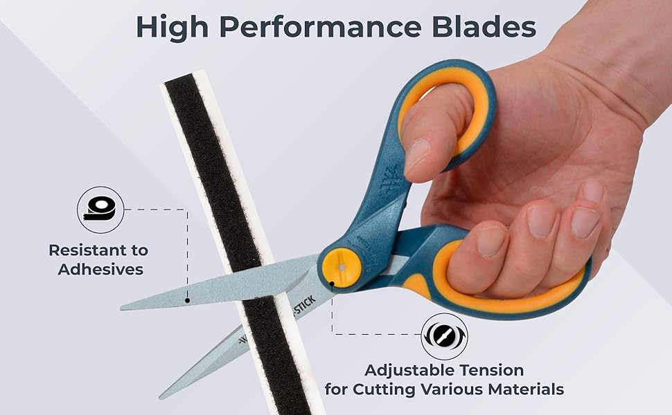 Image of scissors cutting through adhesive strip with text reading high performance blades.