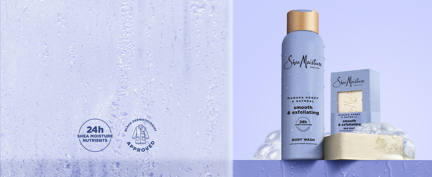 A collection shot of the Manuka Honey &amp; Oatmeal Body Wash and Bar Soap on a blue background.