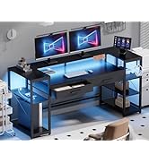 Pamray 58 Inch Computer Desk with Monitor Stand and Shelves Gaming Desk with LED Lights &amp; Power O...