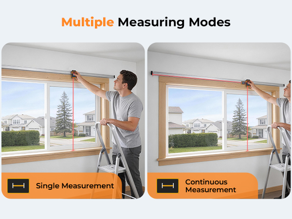Text reads 'Multiple Measuring Modes', 'Single Measurement', 'Continuous Measurement'. Demonstration of laser measurement device being used to measure windows and room dimensions.